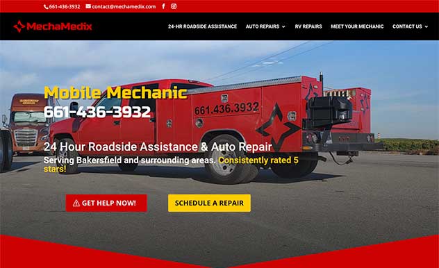 A screenshot of the homepage of a mobile mechanic in Bakersfield, CA website as designed by Full Focus Marketing in Mobile, AL